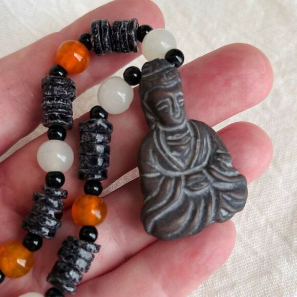 Buddha Beaded Black Puka Bead Orange White Unisex Choker Necklace - Picture 2 of 5